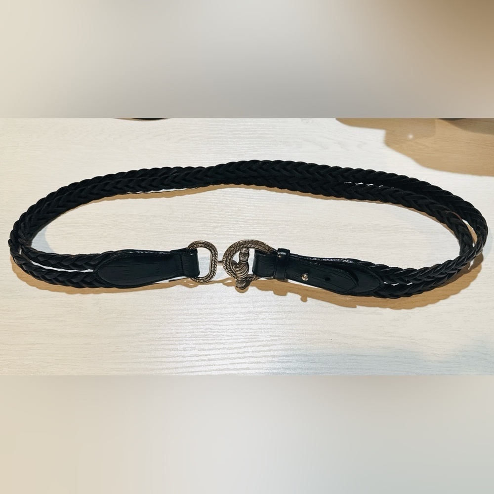 Lands' End Black and Silver Leather Belt with Polished Hardware
